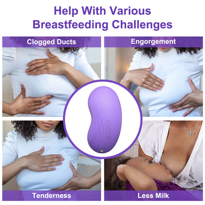 Product advertisement for a purple device to help with breastfeeding challenges, shown in various scenarios.
