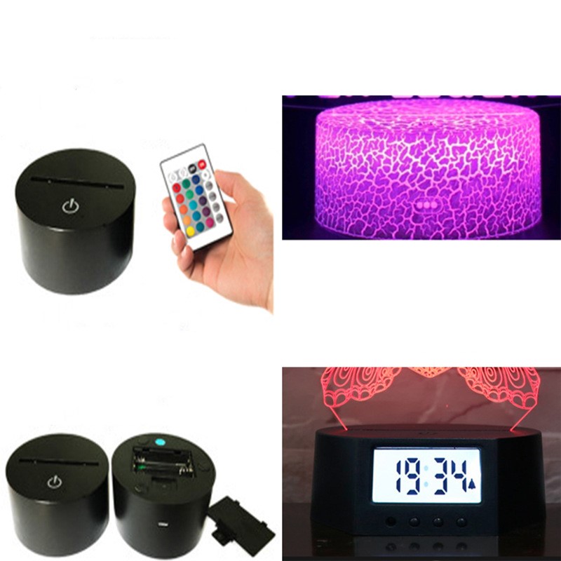 Collage of a black cylindrical device, remote control, and LED lamp with digital display.