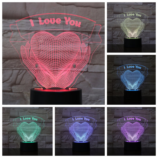 Collage of a 3D heart-shaped lamp with 'I Love You' text in various colors against a stone wall background.