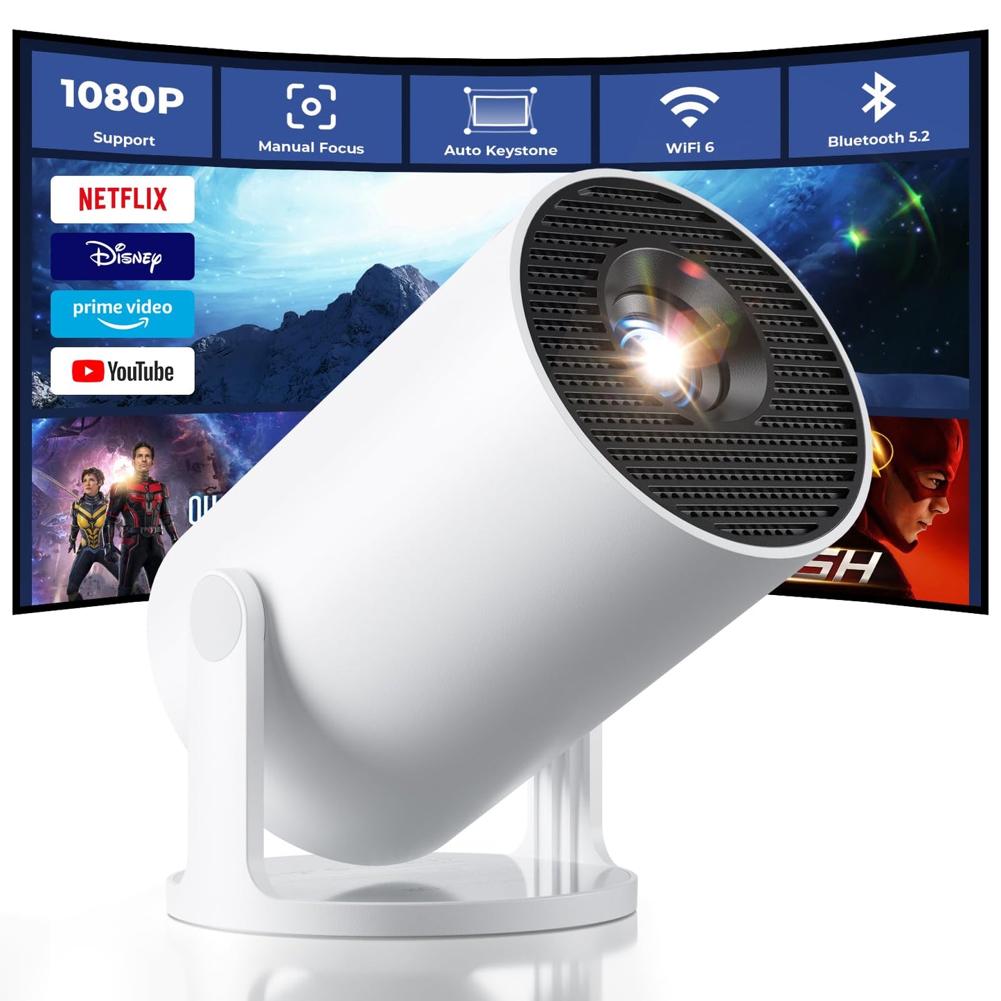 White projector with a screen displaying streaming services on a white background