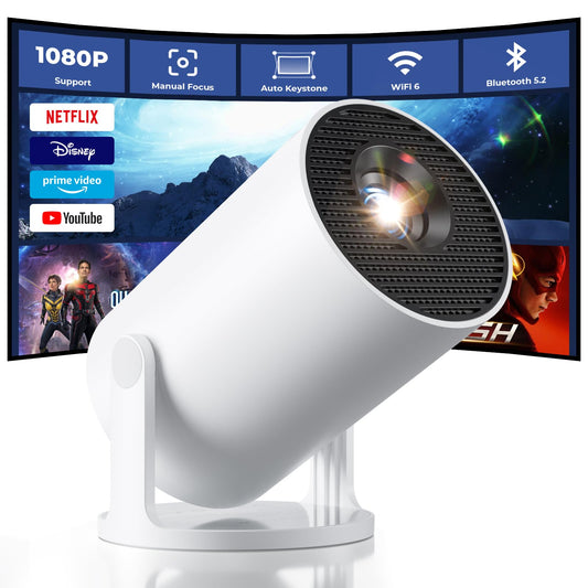 White projector with a screen displaying streaming services on a white background