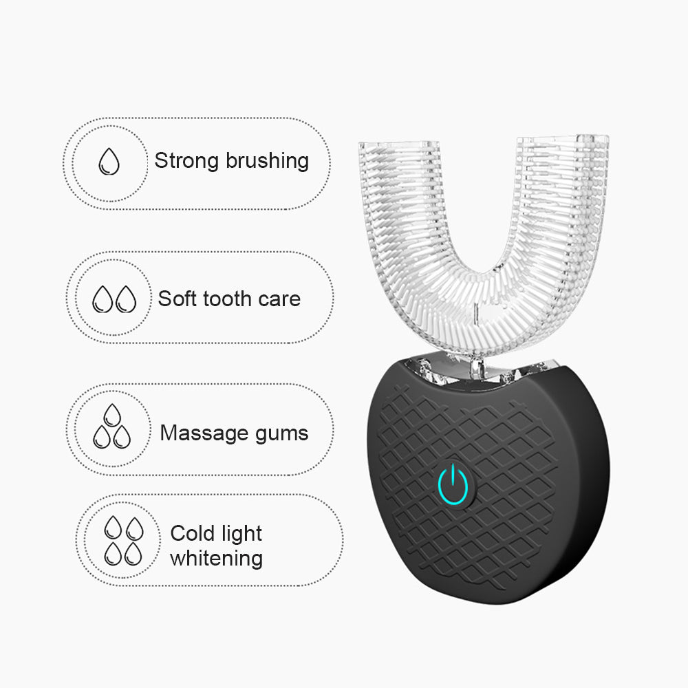 Black and clear dental device with features listed on a white background