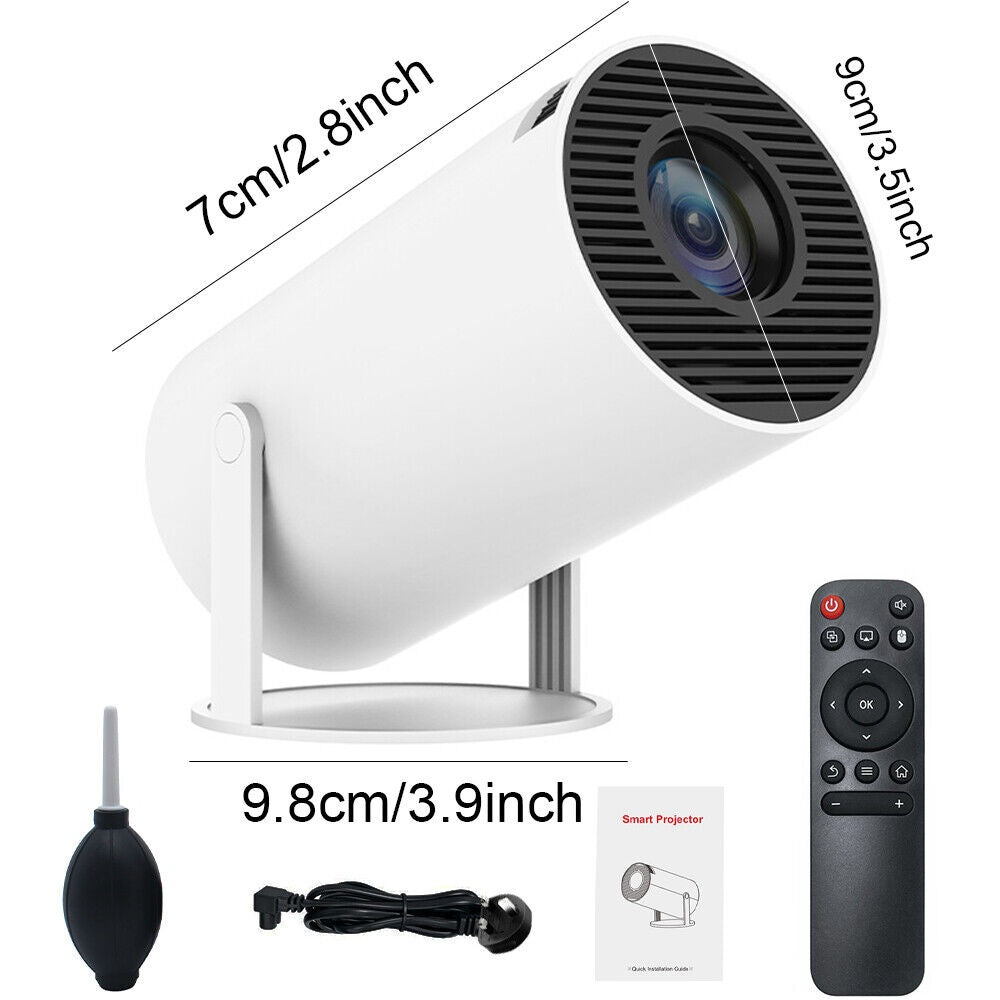 Smart projector with remote control, cleaning brush, and cable on a white background