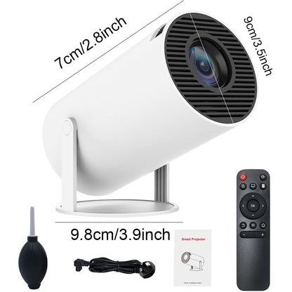 Smart projector with remote control, cleaning brush, and cable on a white background