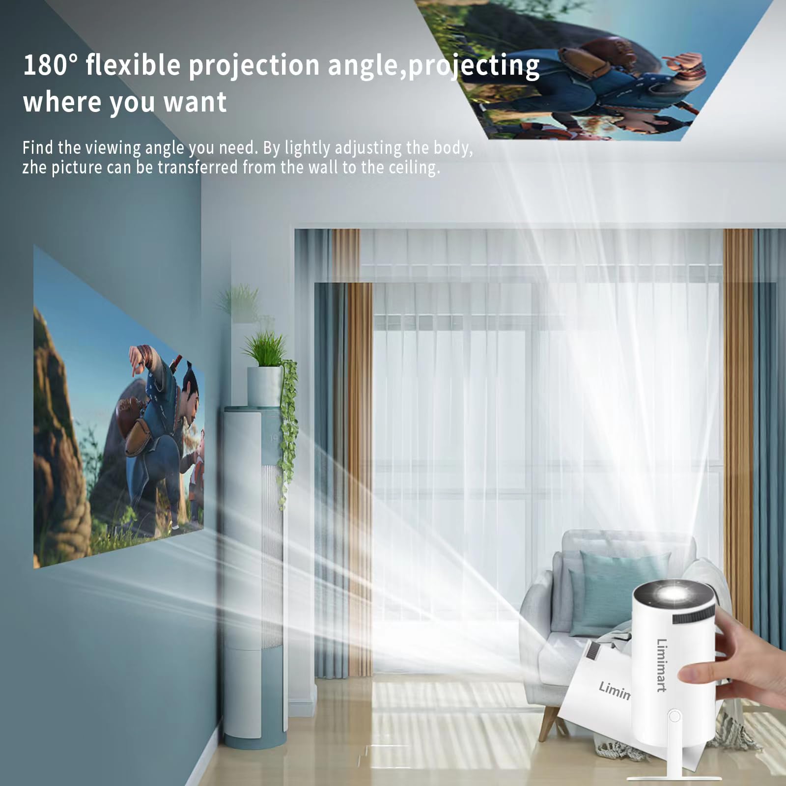 180-degree flexible projection device in a room setting with a hand holding it.