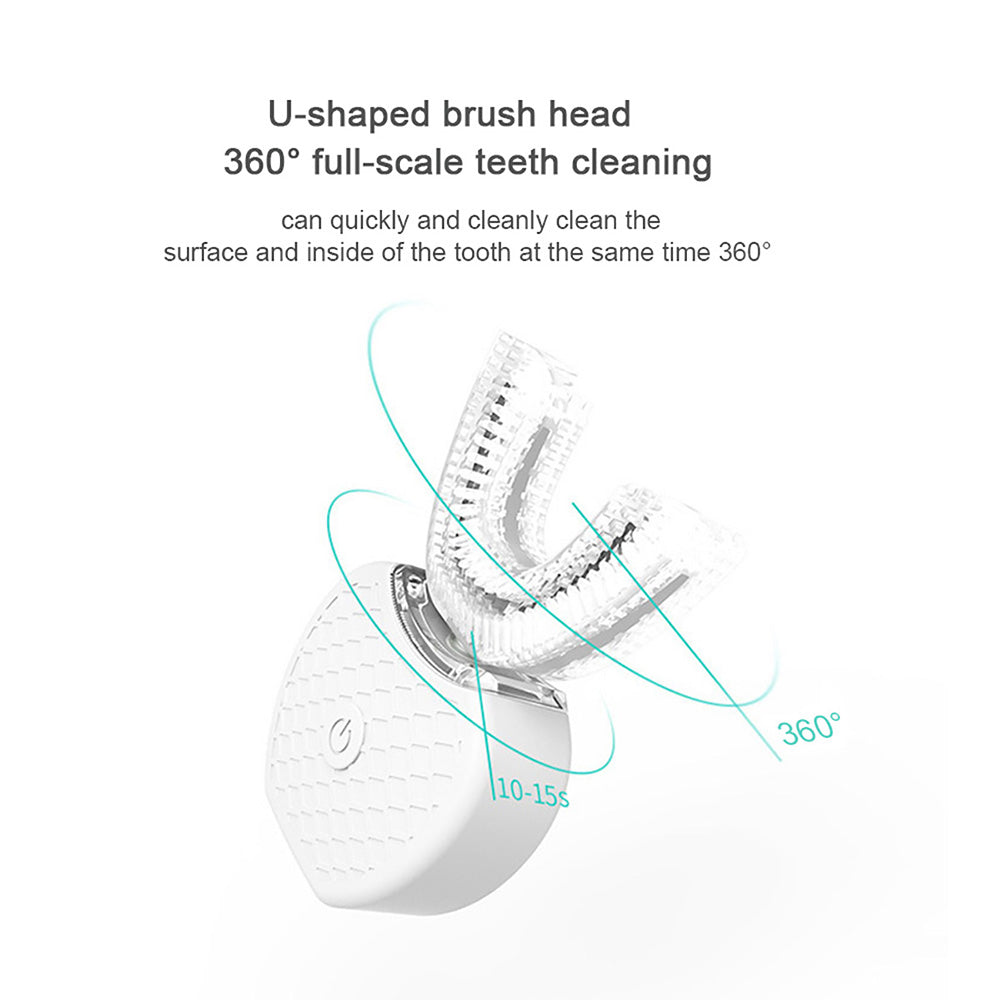 U-shaped brush head for dental cleaning with text on a white background
