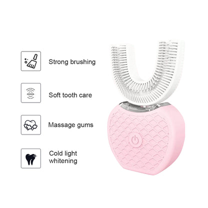 Pink dental device with features listed on a white background