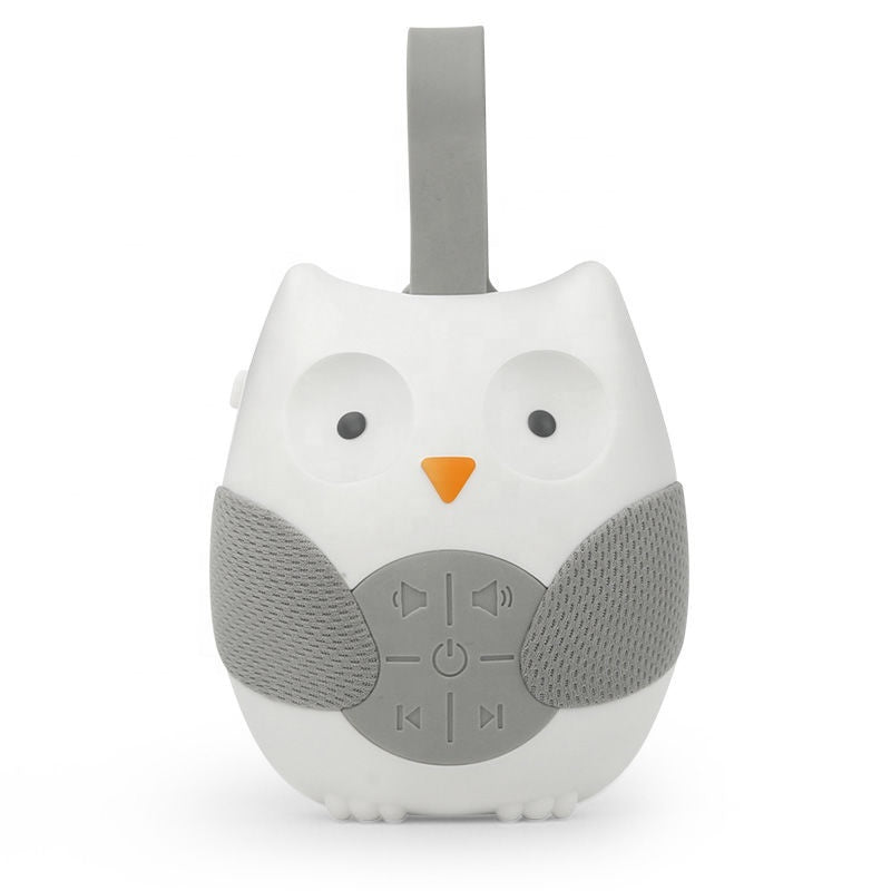 Owl-shaped baby rattle with gray and white design on a white background
