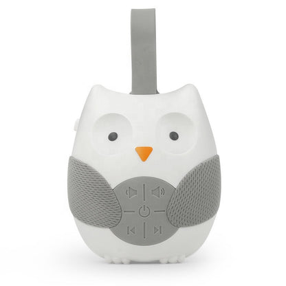 Owl-shaped baby rattle with gray and white design on a white background