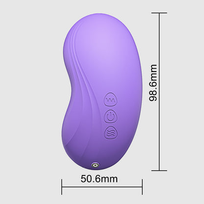 Purple electronic device with control buttons and dimensions on a gray background