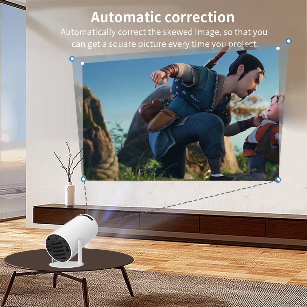 Projector displaying an animated scene on a wall with automatic correction feature highlighted.