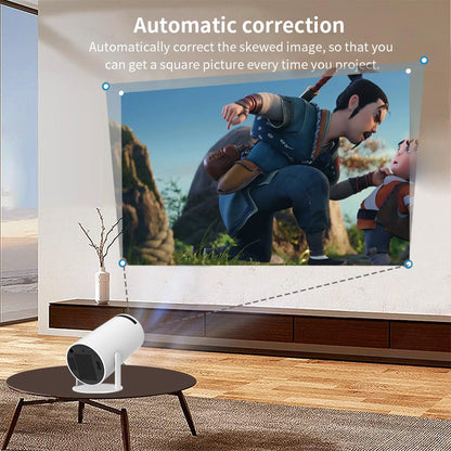 Projector displaying an animated scene on a wall with automatic correction feature highlighted.