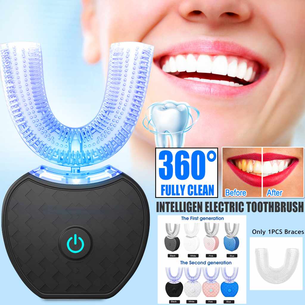 Intelligent electric toothbrush with a close-up of a smiling person's mouth, showing before and after cleaning results.