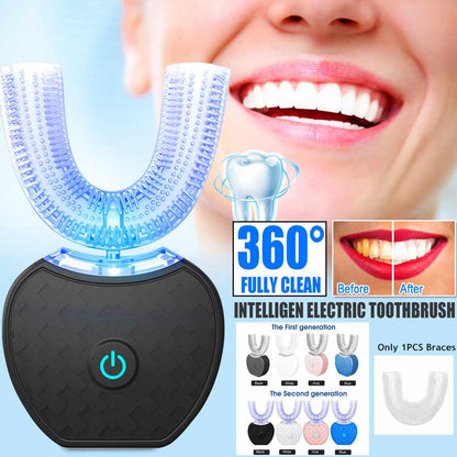 Intelligent electric toothbrush with a close-up of a smiling person's mouth, showing before and after cleaning results.