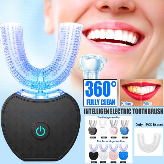 Intelligent electric toothbrush with a close-up of a smiling person's mouth, showing before and after cleaning results.