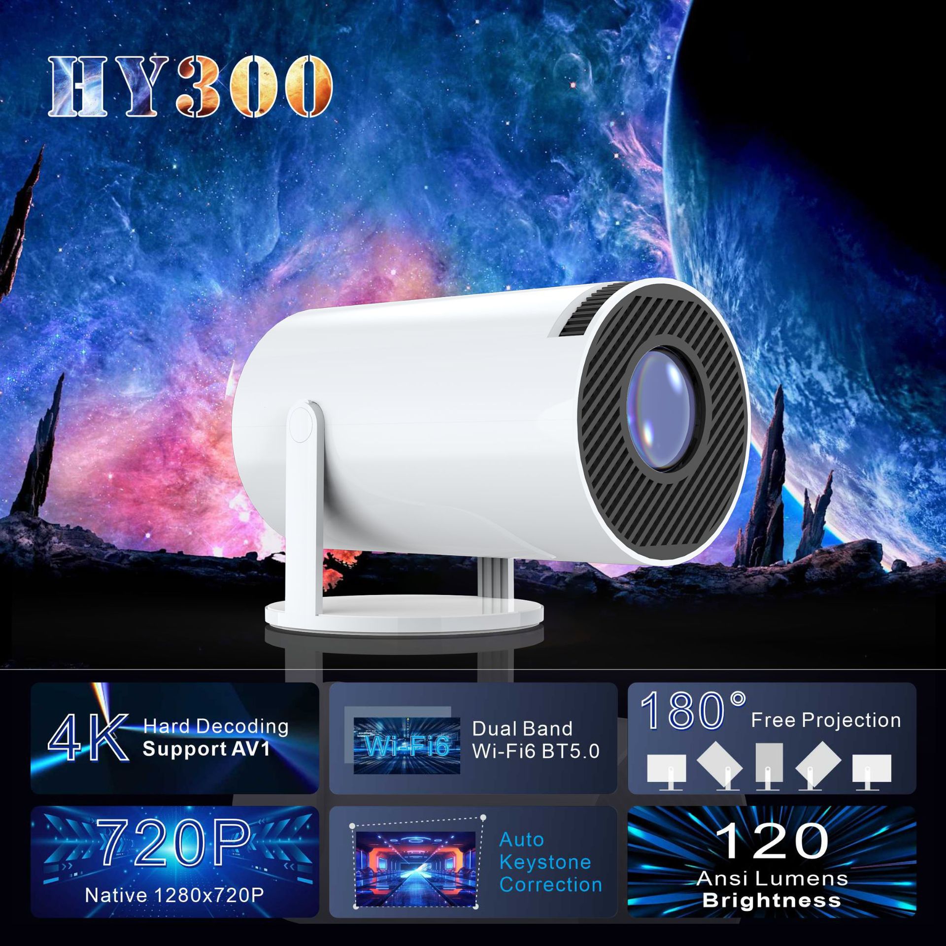 White projector with specifications on a space-themed background