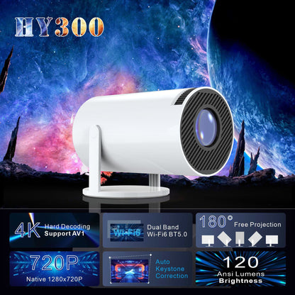 White projector with specifications on a space-themed background
