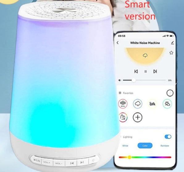 Smart white noise machine with colorful display and smartphone app interface.